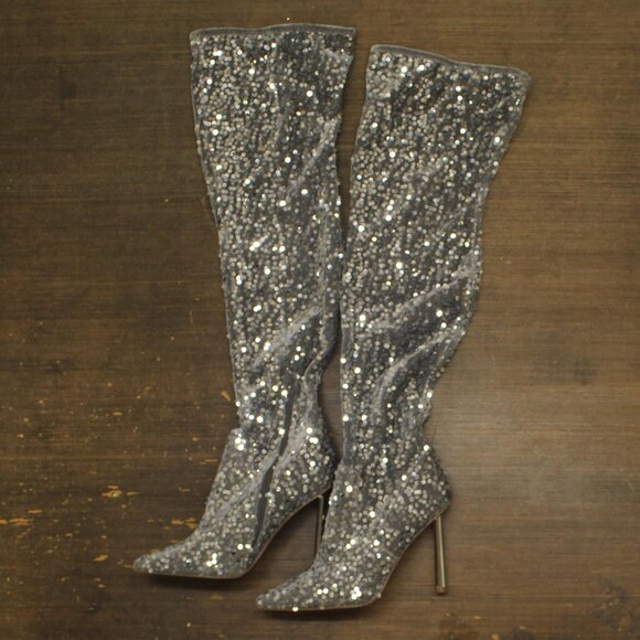 NWT Steve Madden Vivee Sequin Over-The-Knee Dress Boots Silver Sequin Gray 9.5M - Picture 6 of 13